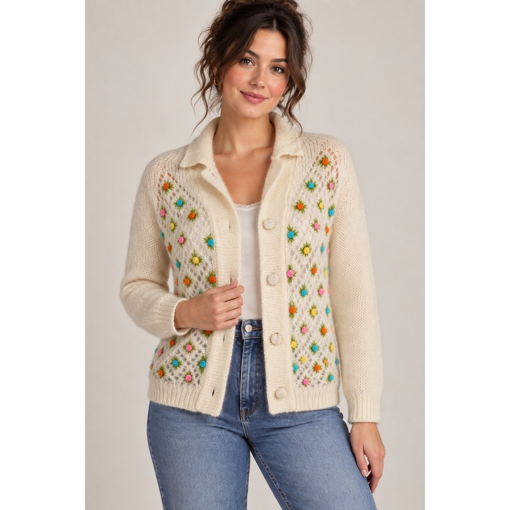 Granny Cottagecore  Art to Wear 50s 3D Floral Pom Pom Crochet Cardigan Medium